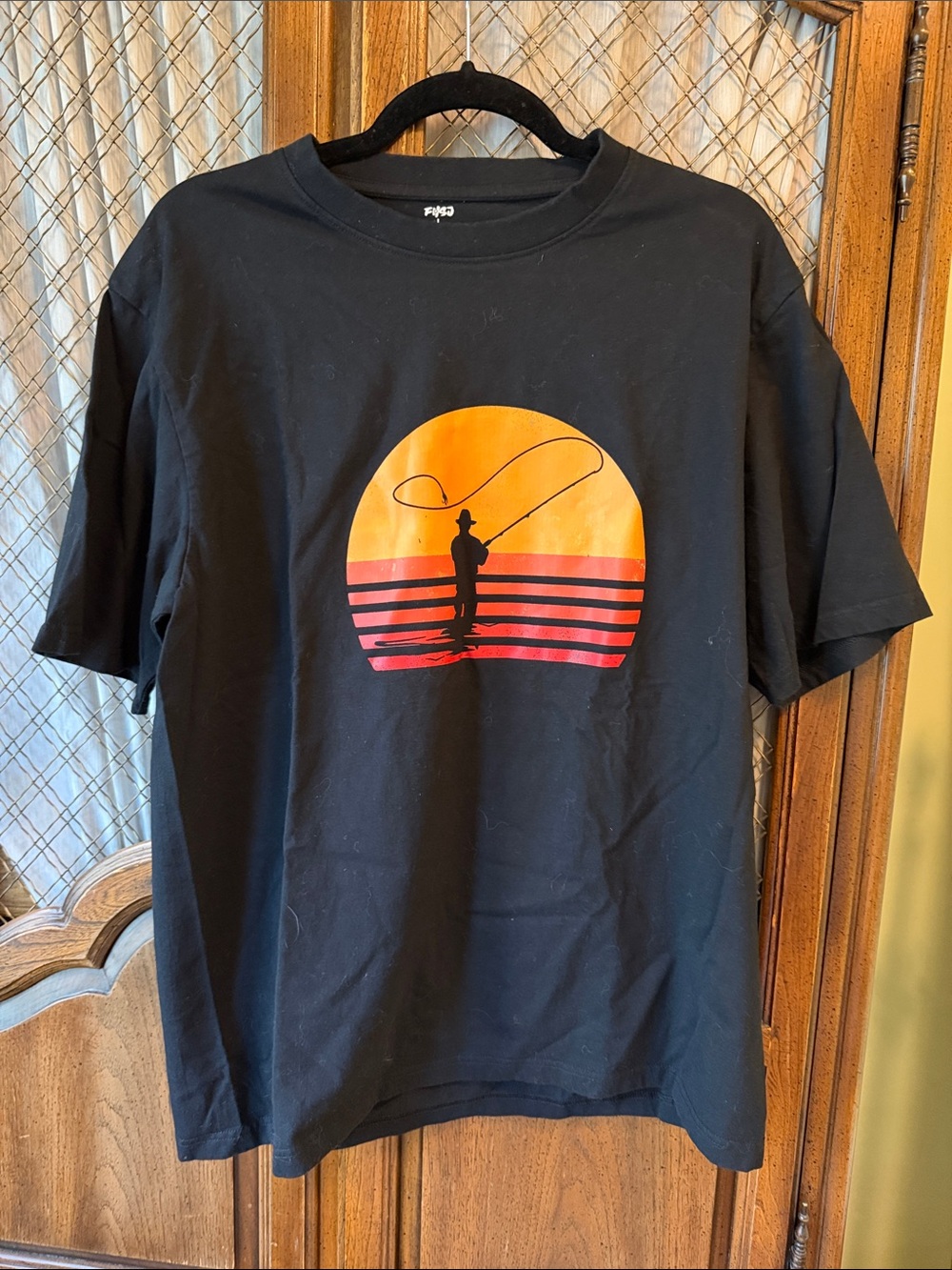 FSJ Black Tee with Orange and Red Fishing Sunset Graphic SIZE LARGE